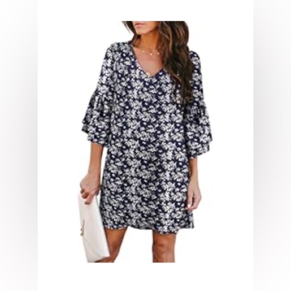 BELONGSCI Summer Shift Dress Blue Floral Woman’s Small